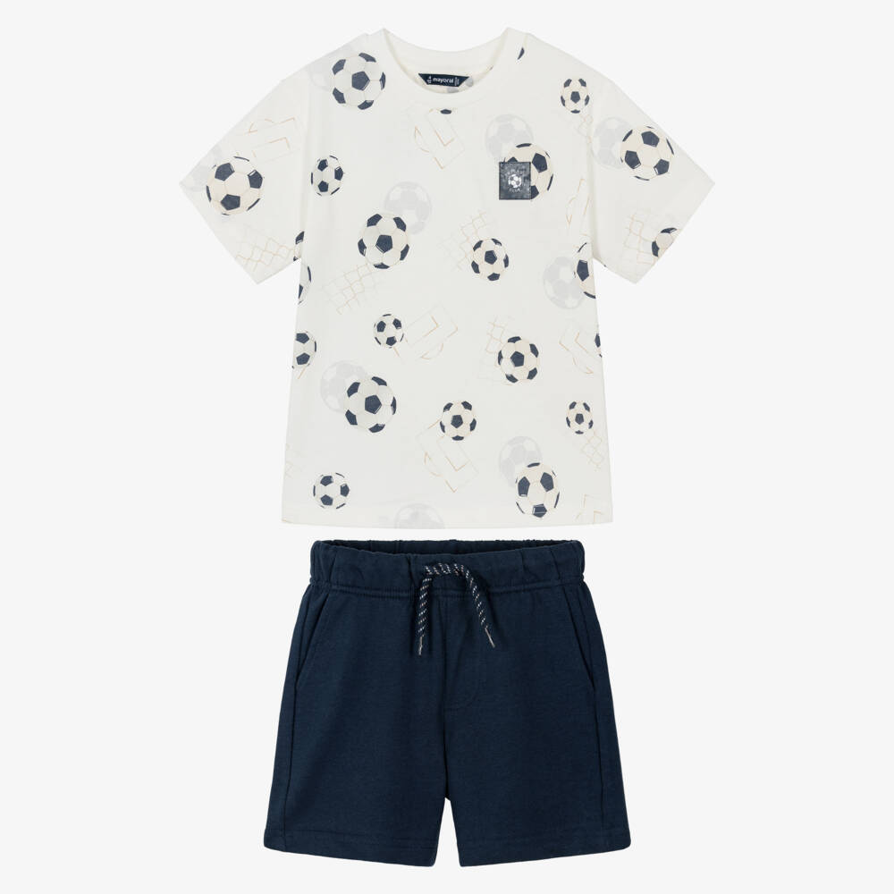 Mayoral-Boys Ivory & Navy Blue Cotton Shorts Set with Football Print | Childrensalon