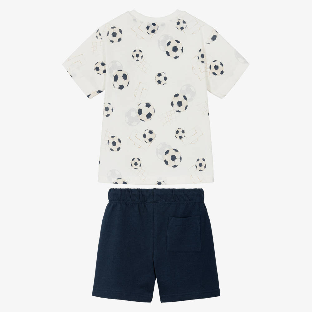 Mayoral-Boys Ivory & Navy Blue Cotton Shorts Set with Football Print | Childrensalon