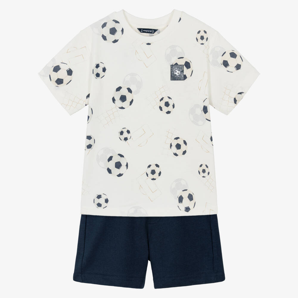 Mayoral-Boys Ivory & Navy Blue Cotton Shorts Set with Football Print | Childrensalon