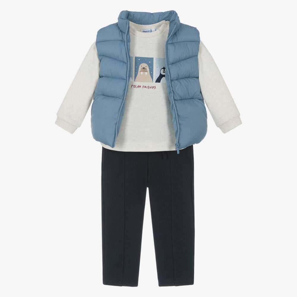 Mayoral-Boys Ivory & Navy Blue Cotton Trouser Set with Light Blue Gilet | Childrensalon