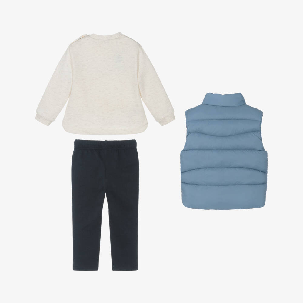 Mayoral-Брючный комплект кремово-синий из хлопка с голубым жилетом для мальчиков | Childrensalon