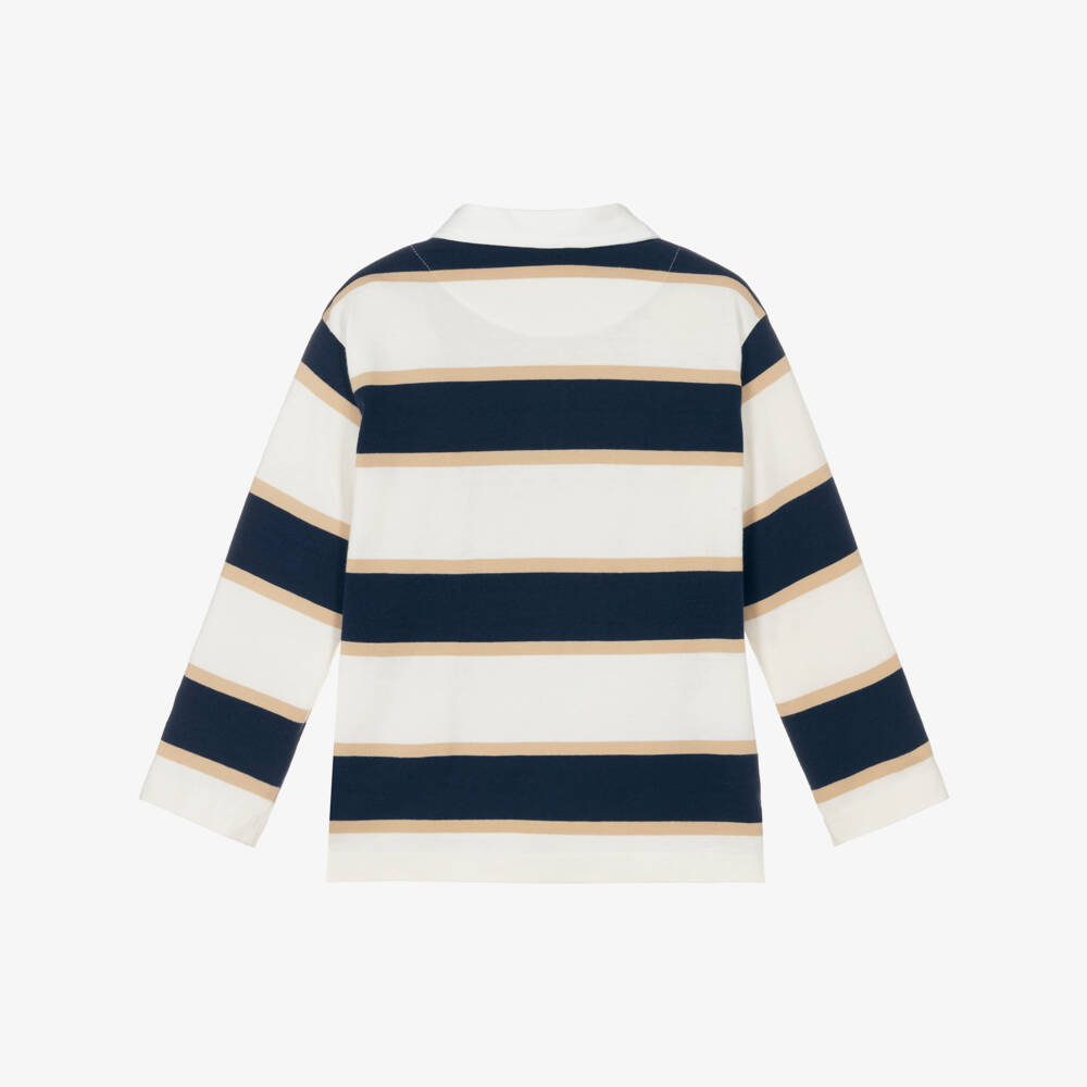 Mayoral-Boys Ivory & Navy Blue Striped Long Sleeve Polo Shirt | Childrensalon