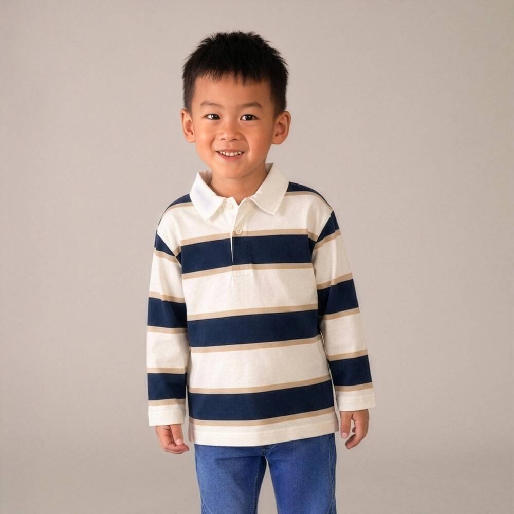 Mayoral-Boys Ivory & Navy Blue Striped Long Sleeve Polo Shirt | Childrensalon