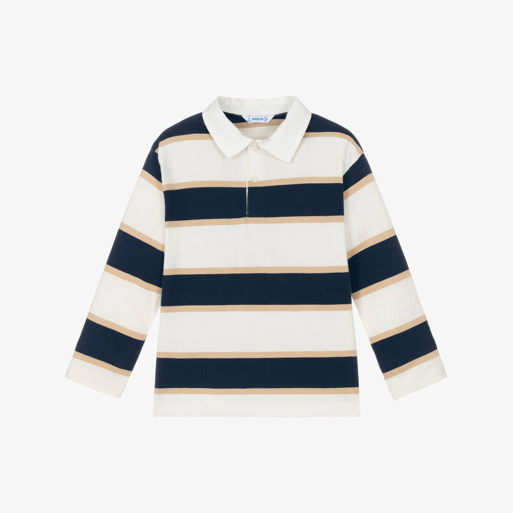 Mayoral-Boys Ivory & Navy Blue Striped Long Sleeve Polo Shirt | Childrensalon