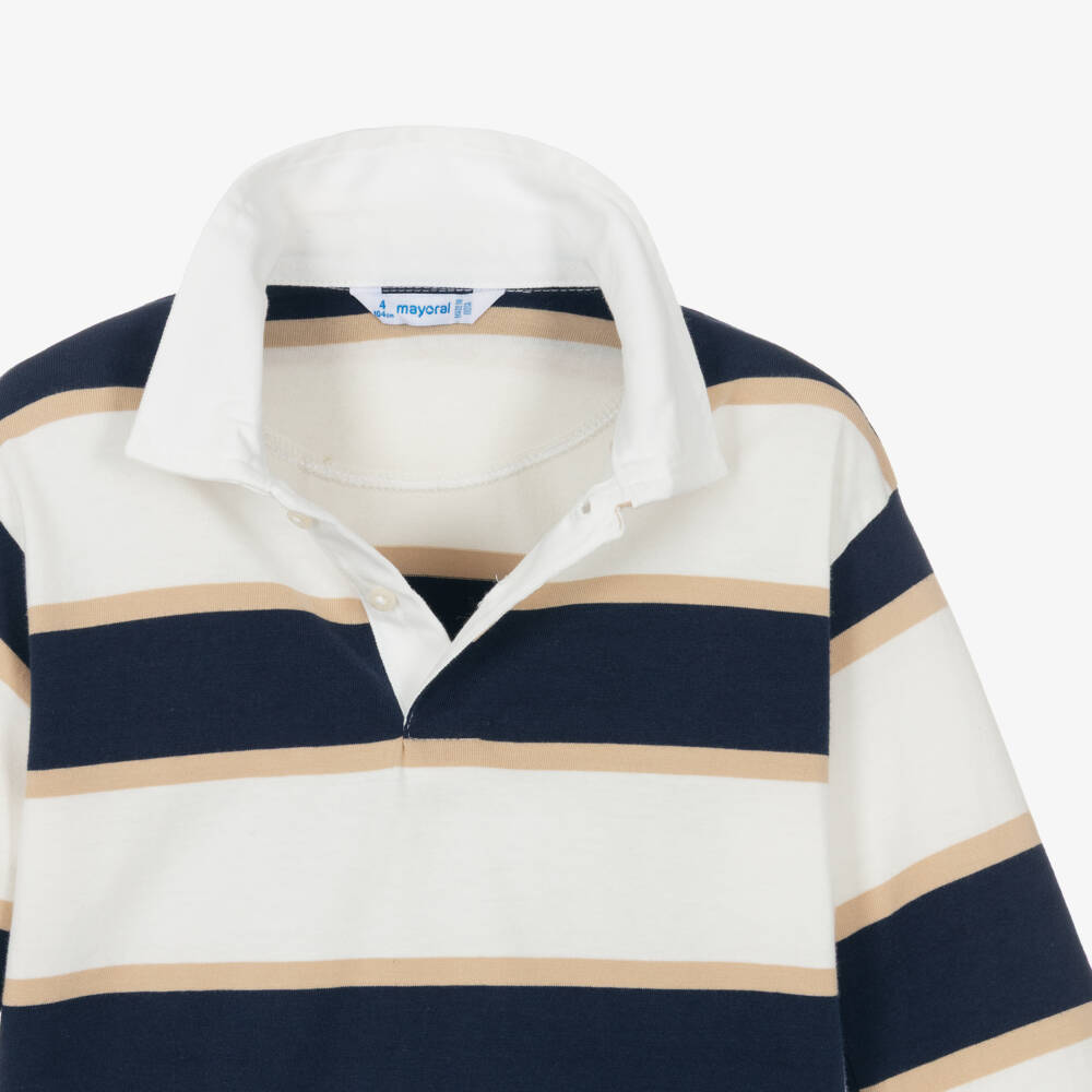 Mayoral-Boys Ivory & Navy Blue Striped Long Sleeve Polo Shirt | Childrensalon