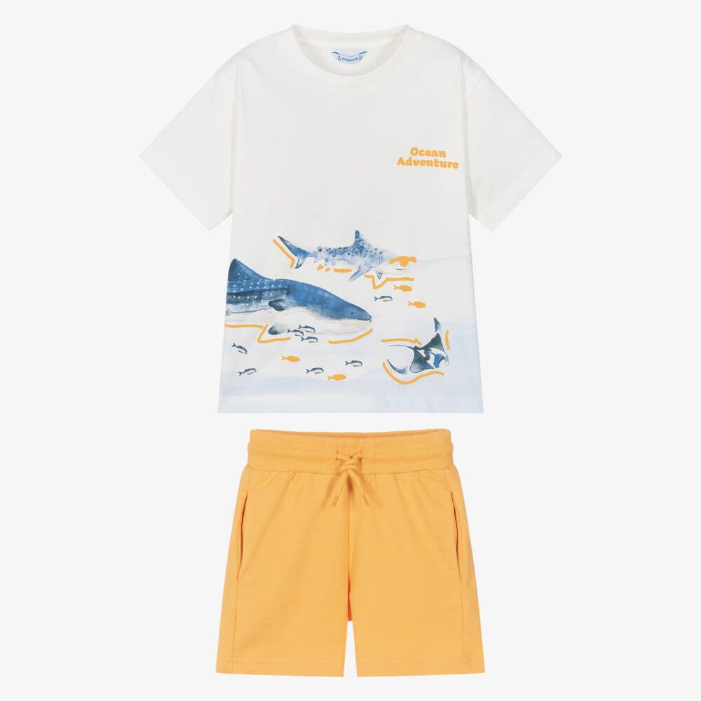Mayoral-Boys Ivory & Orange Cotton Shorts Set with Shark Print | Childrensalon