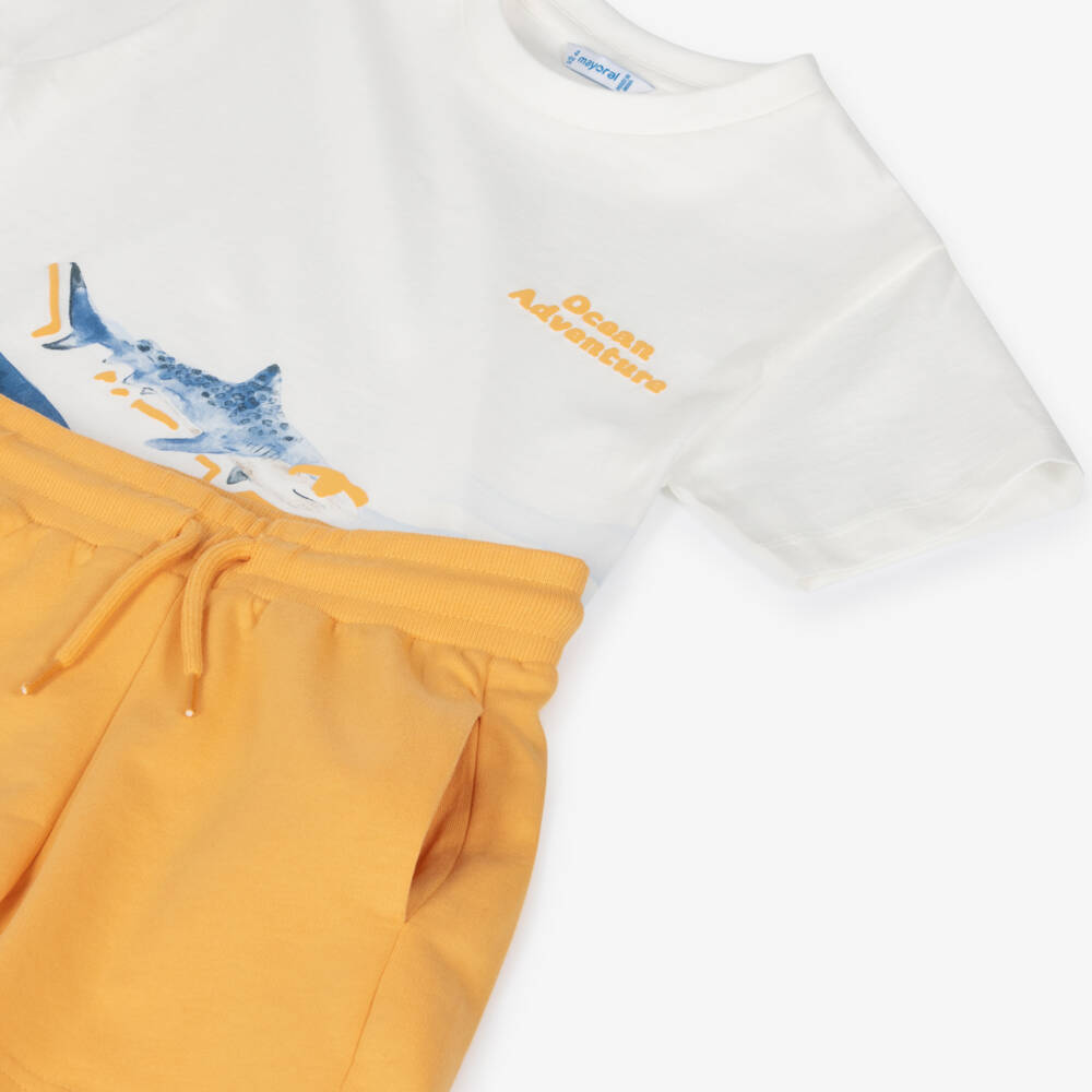Mayoral-Boys Ivory & Orange Cotton Shorts Set with Shark Print | Childrensalon