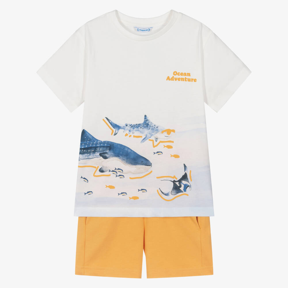 Mayoral-Boys Ivory & Orange Cotton Shorts Set with Shark Print | Childrensalon