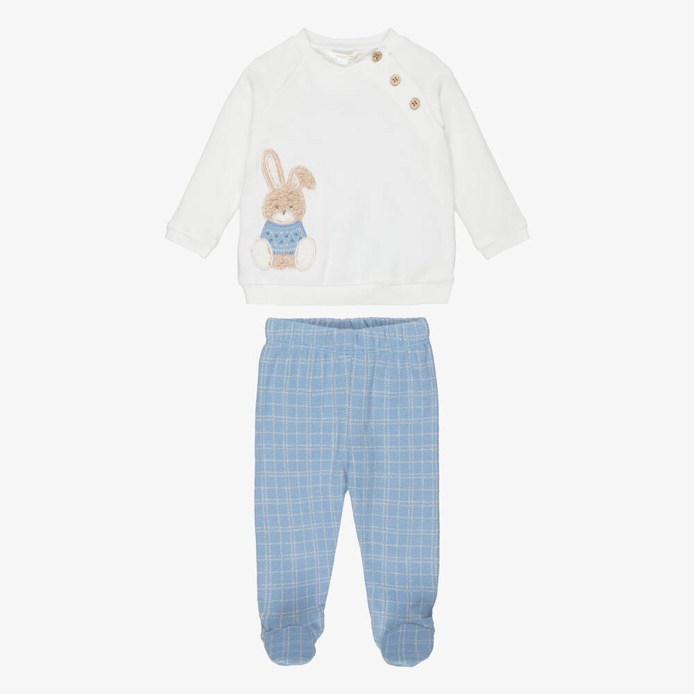 Mayoral Newborn-Boys Ivory & Pale Blue 2 Piece Babygrow with Bunny Appliqué | Childrensalon