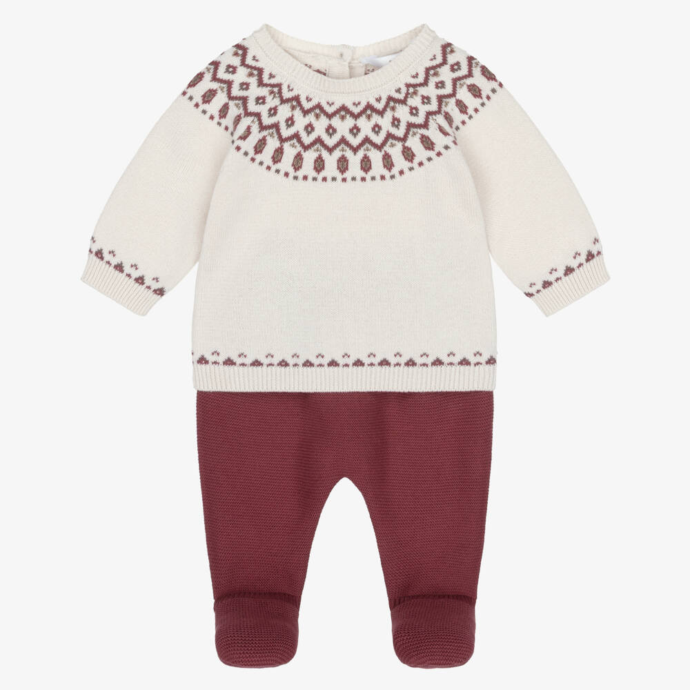Mayoral Newborn-Boys Ivory & Red Fair Isle Knit 2-Piece Babygrow | Childrensalon