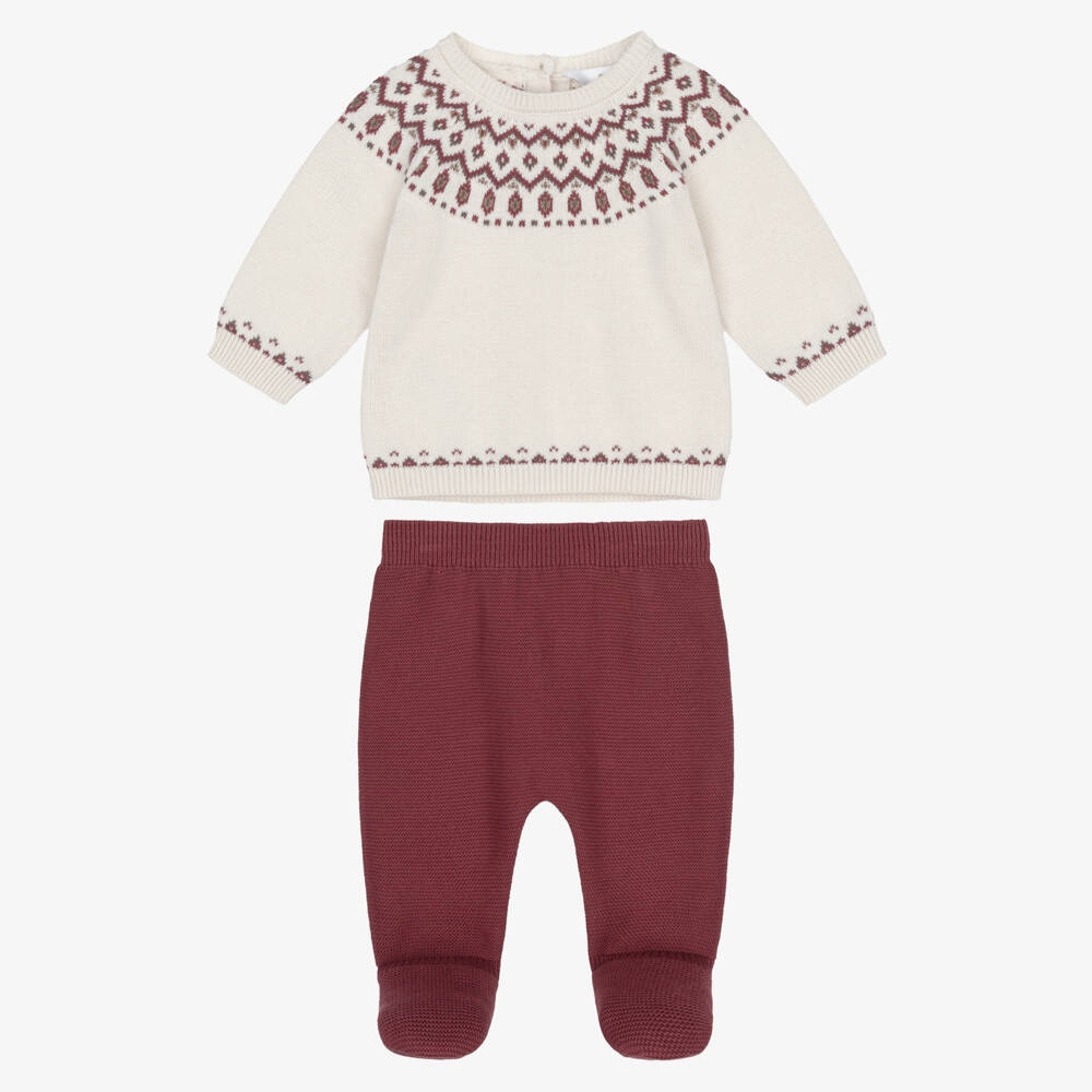 Mayoral Newborn-Boys Ivory & Red Fair Isle Knit 2-Piece Babygrow | Childrensalon