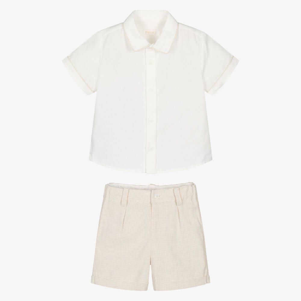 Mayoral-Boys Ivory Shirt & Beige Cotton Shorts Set | Childrensalon
