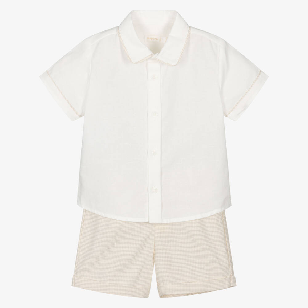 Mayoral-Boys Ivory Shirt & Beige Cotton Shorts Set | Childrensalon