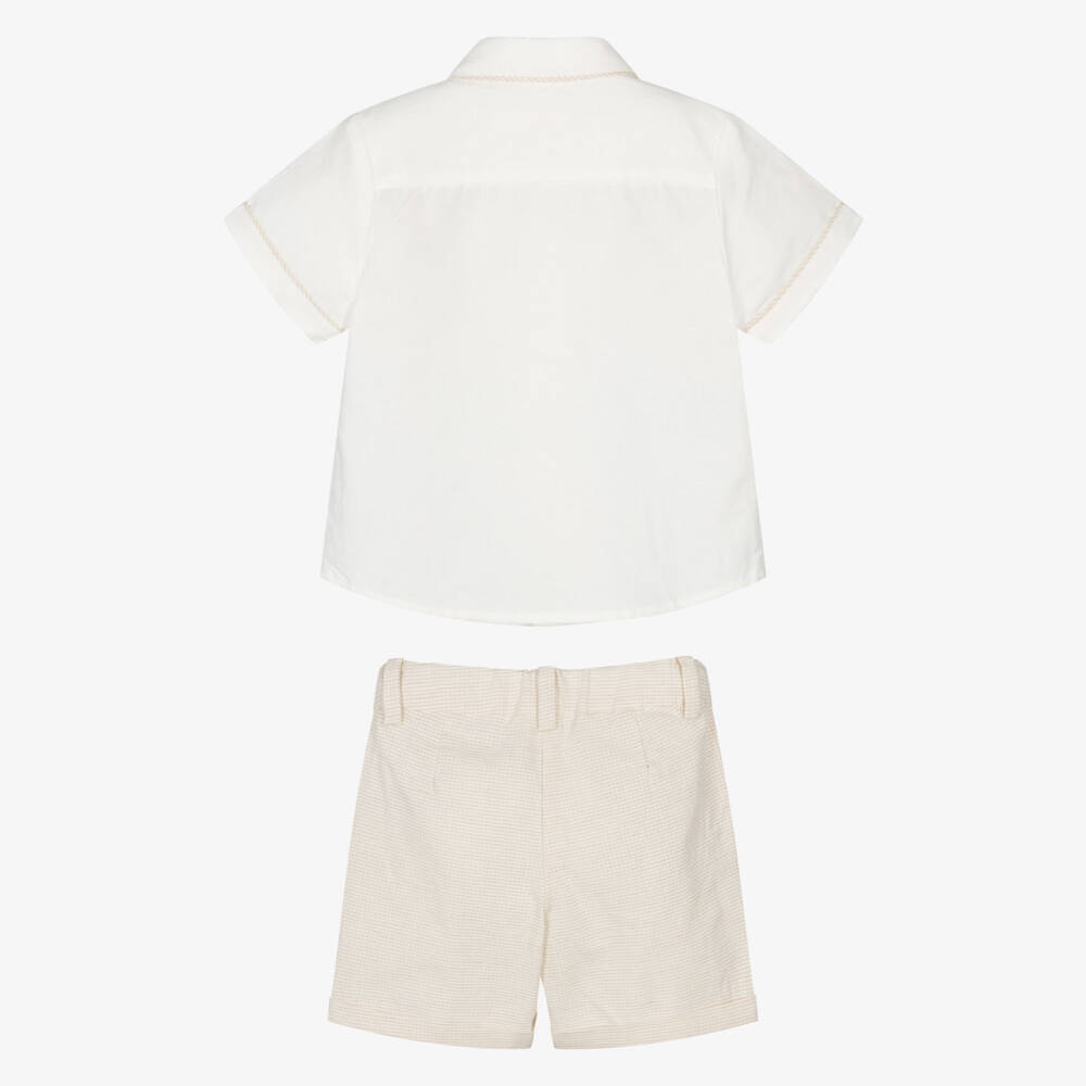 Mayoral-Boys Ivory Shirt & Beige Cotton Shorts Set | Childrensalon