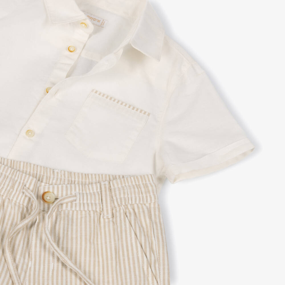 Mayoral-Boys Ivory Shirt & Beige Stripe Cotton Shorts Set | Childrensalon