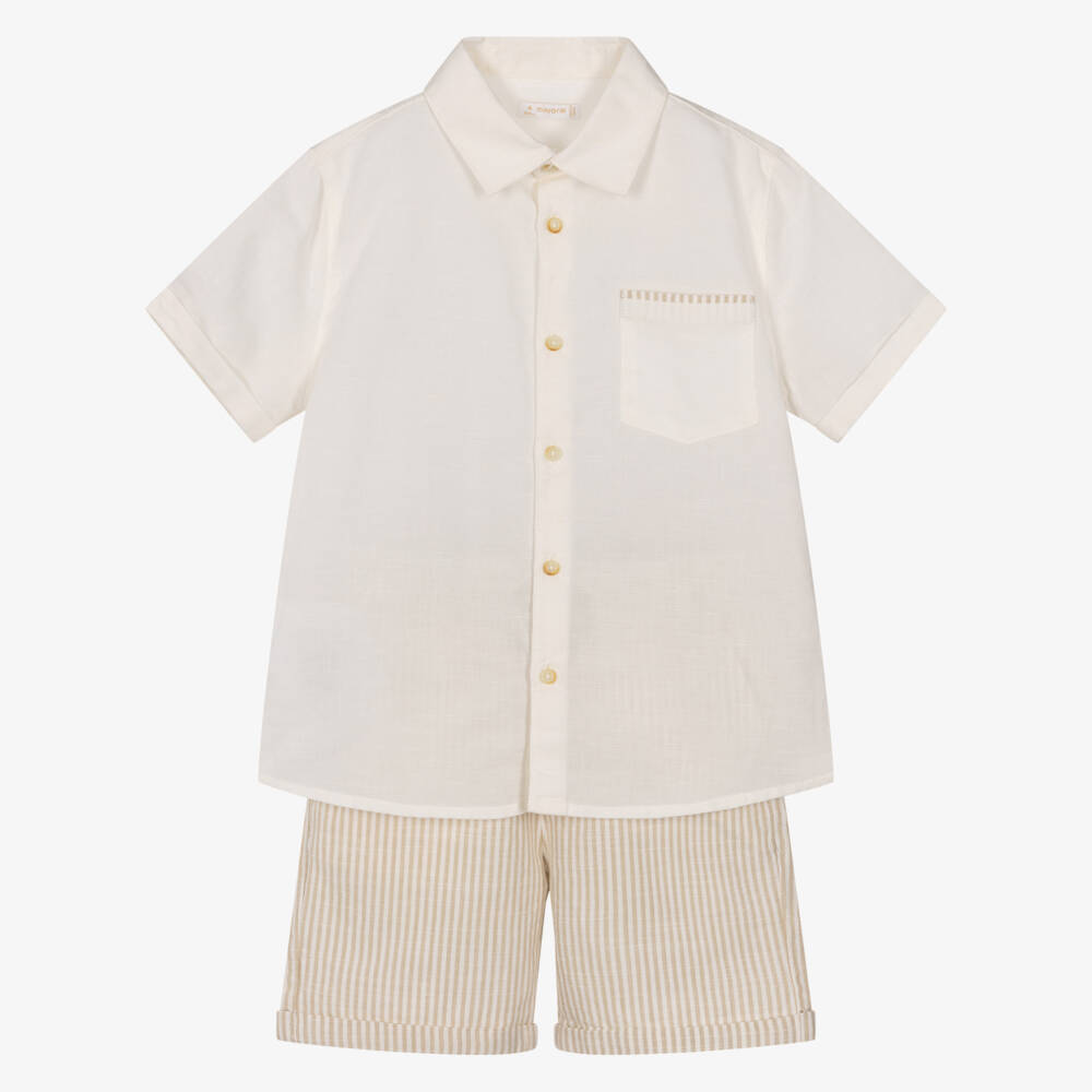 Mayoral-طقم شورت وقميص قطن لون عاجي وبيج للأولاد | Childrensalon