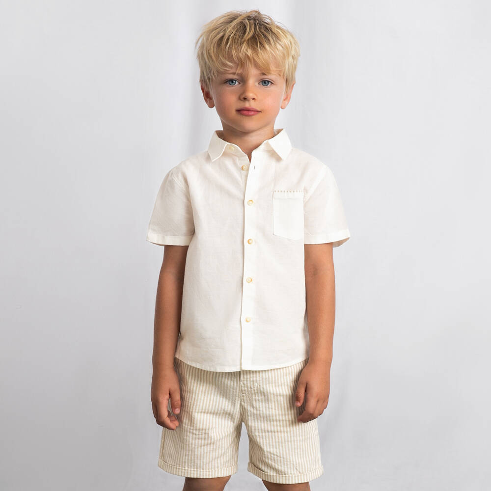 Mayoral-Boys Ivory Shirt & Beige Stripe Cotton Shorts Set | Childrensalon