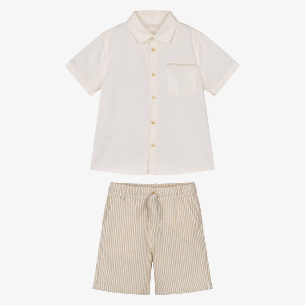 Mayoral-Boys Ivory Shirt & Beige Stripe Cotton Shorts Set | Childrensalon