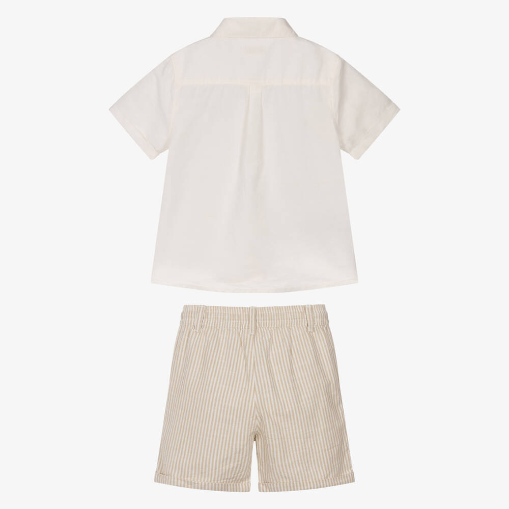 Mayoral-Boys Ivory Shirt & Beige Stripe Cotton Shorts Set | Childrensalon