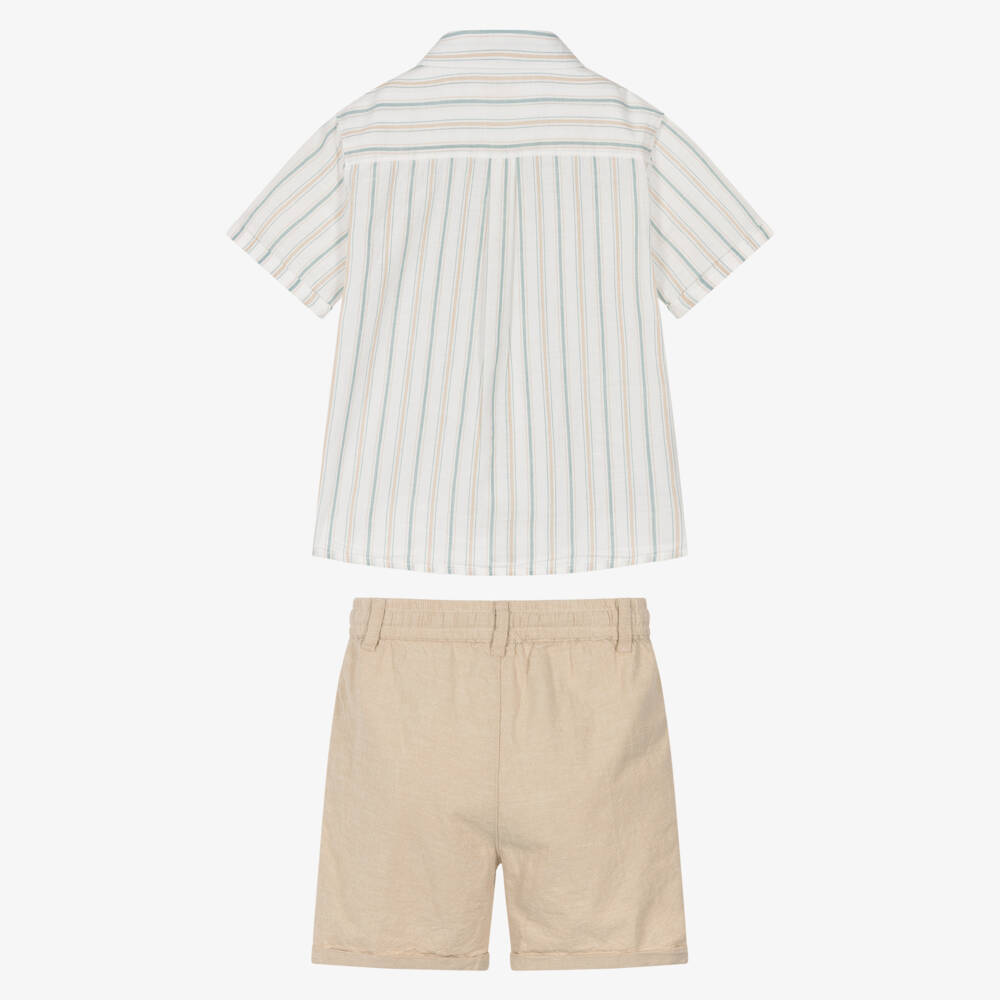 Mayoral-Boys Ivory Stripe Shirt & Beige Cotton Shorts Set | Childrensalon