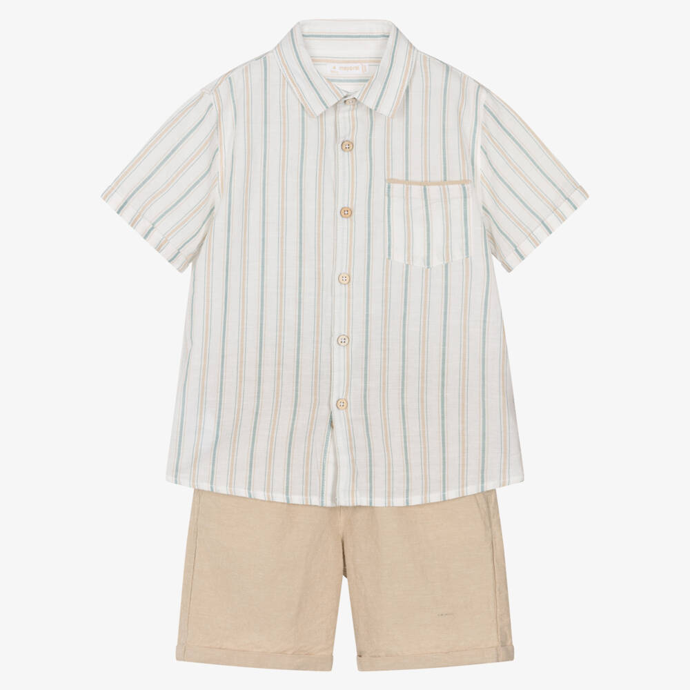 Mayoral-Boys Ivory Stripe Shirt & Beige Cotton Shorts Set | Childrensalon