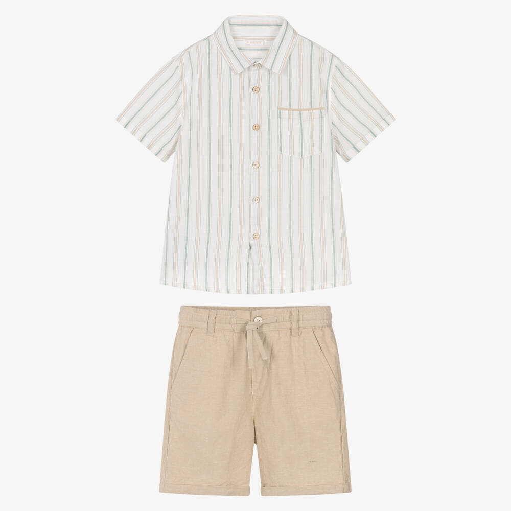 Mayoral-Boys Ivory Stripe Shirt & Beige Cotton Shorts Set | Childrensalon