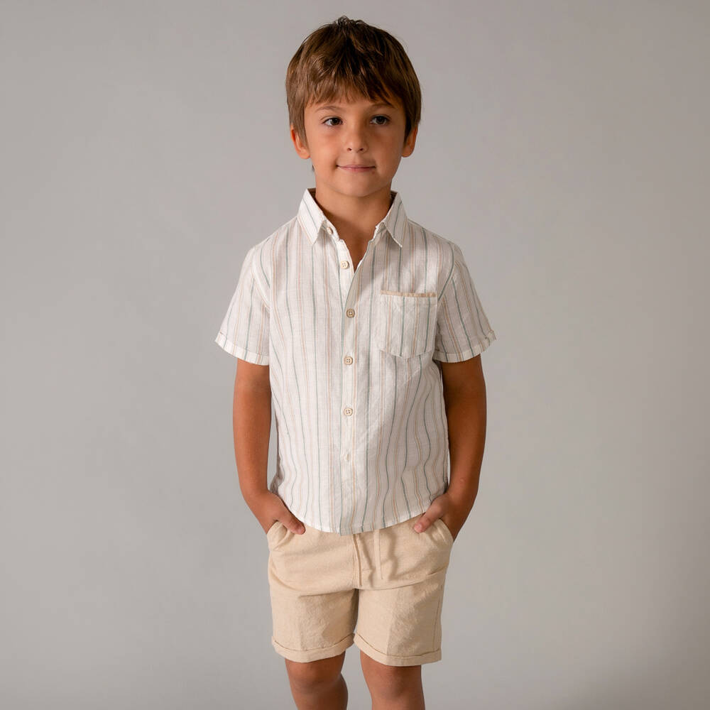 Mayoral-Boys Ivory Stripe Shirt & Beige Cotton Shorts Set | Childrensalon
