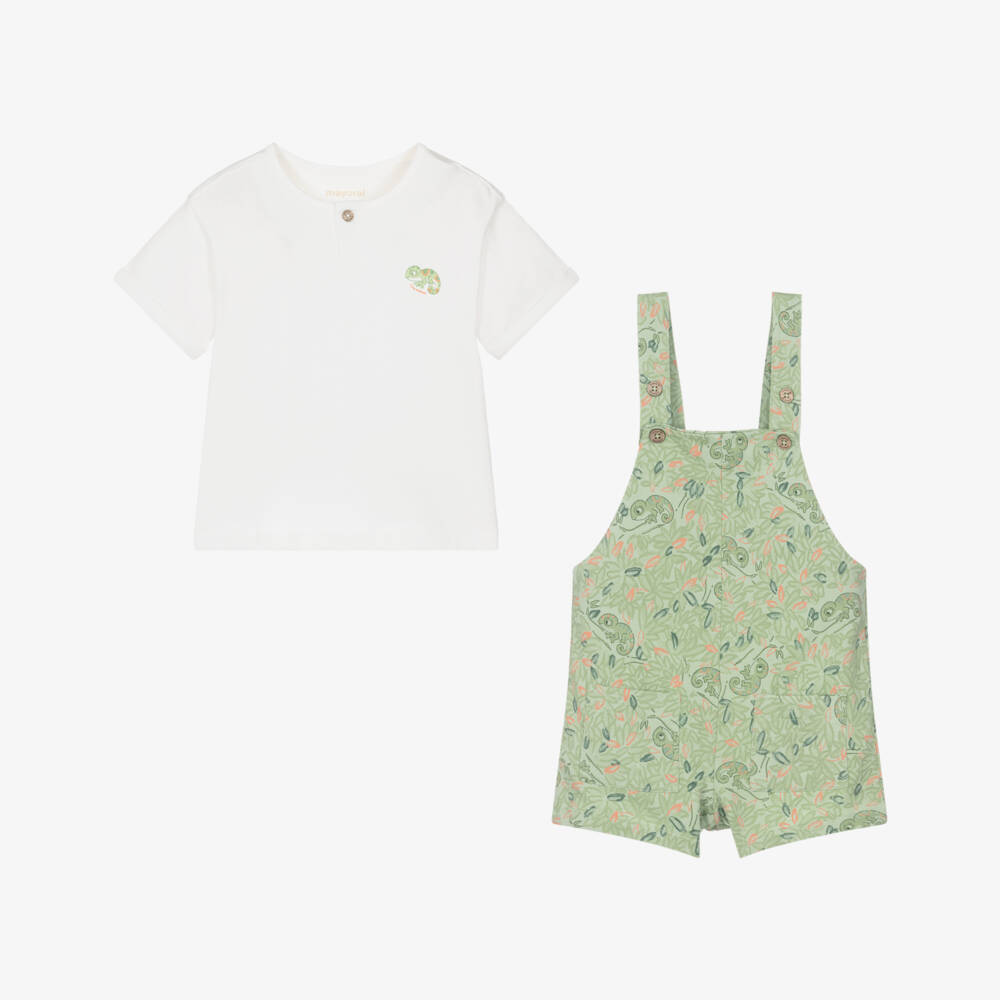 Mayoral-Boys Ivory Top & Green Chameleon Print Dungaree Set | Childrensalon