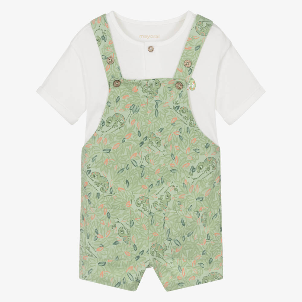 Mayoral-Boys Ivory Top & Green Chameleon Print Dungaree Set | Childrensalon