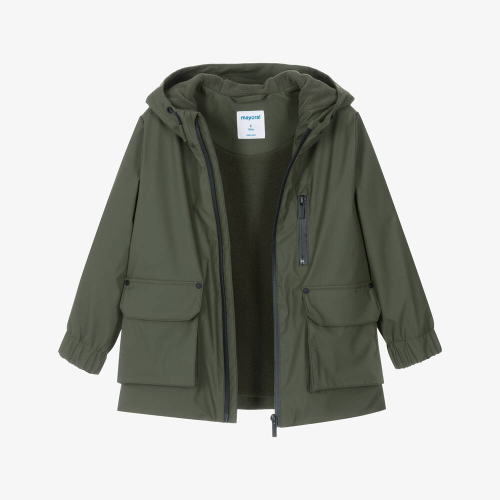 Mayoral-Boys Khaki Green Raincoat with Fleece Lining | Childrensalon