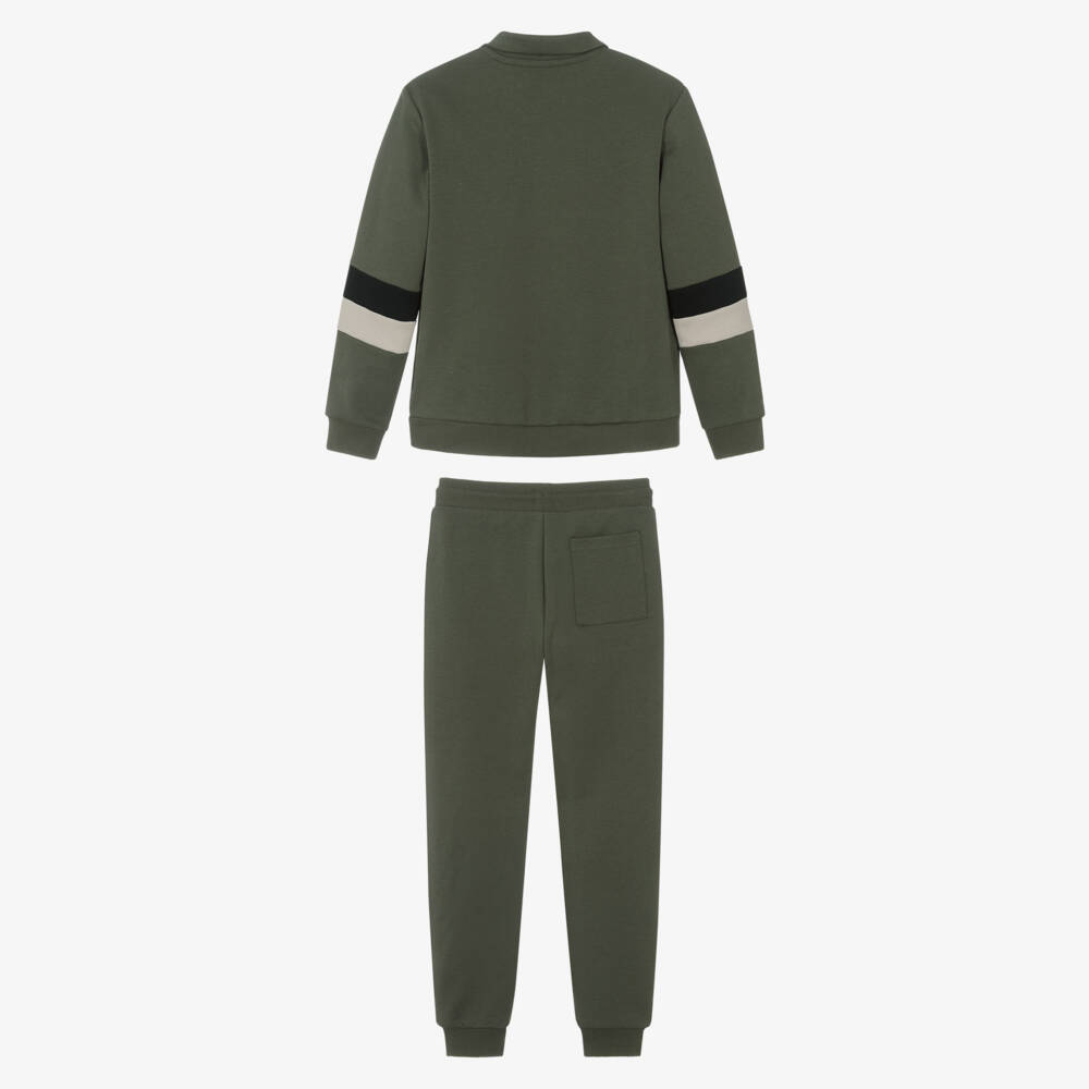 Mayoral Nukutavake-Boys Khaki Green Tracksuit with Stripes | Childrensalon