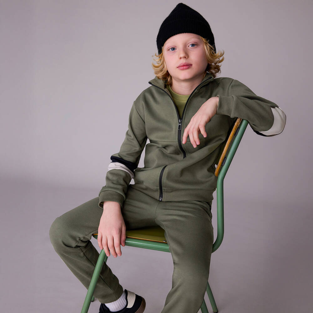 Mayoral Nukutavake-Boys Khaki Green Tracksuit with Stripes | Childrensalon