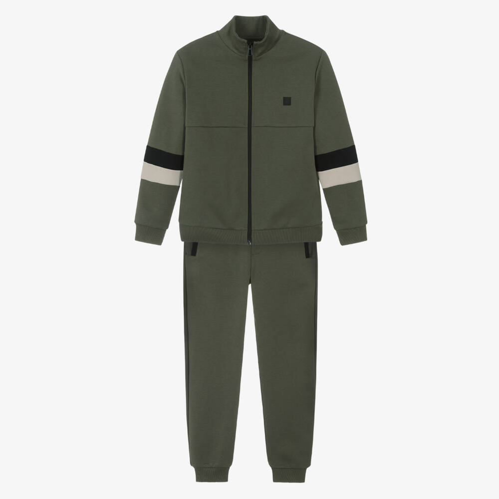 Mayoral Nukutavake-Boys Khaki Green Tracksuit with Stripes | Childrensalon