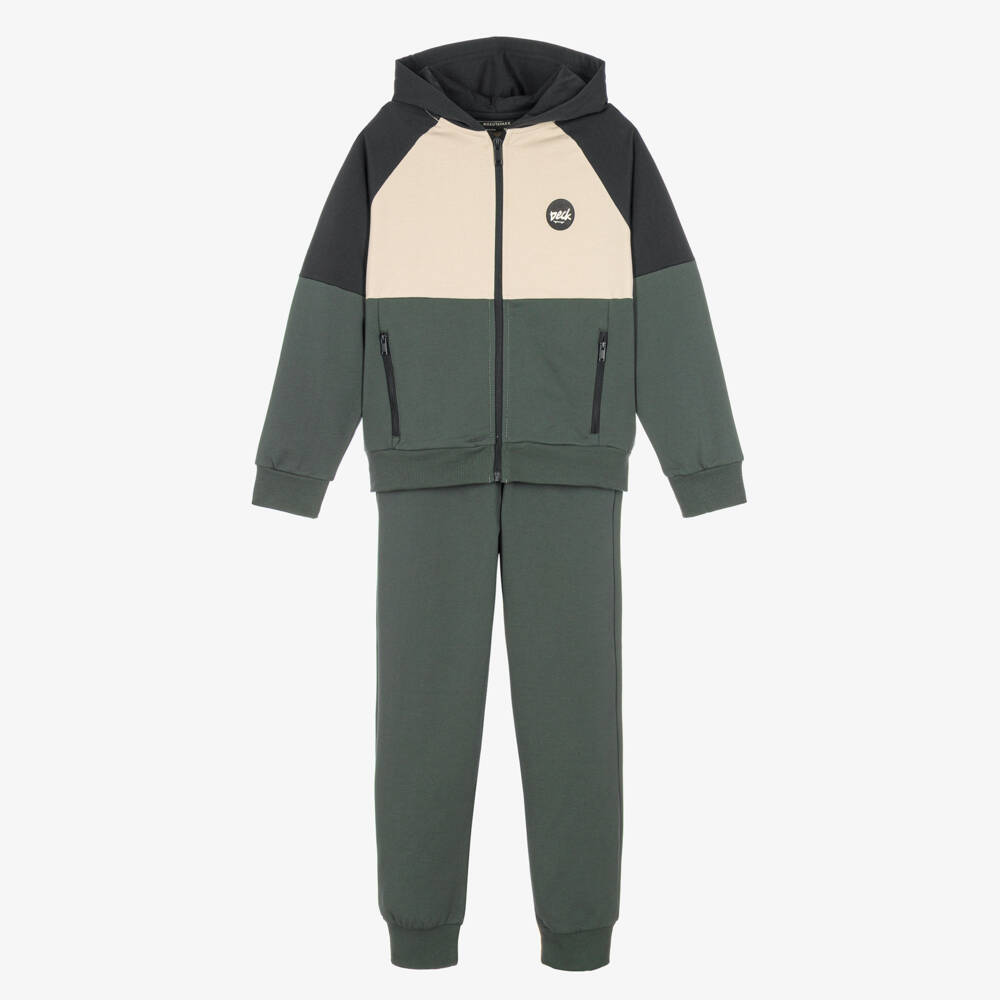 Mayoral Nukutavake-Boys Moss Green & Beige Hooded Tracksuit | Childrensalon
