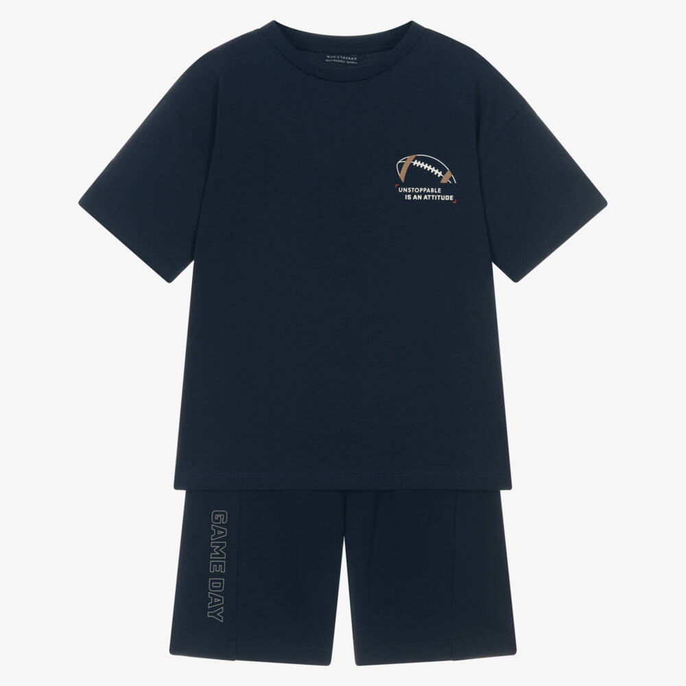 Mayoral Nukutavake-Boys Navy Blue American Football Graphic Cotton Shorts Set | Childrensalon