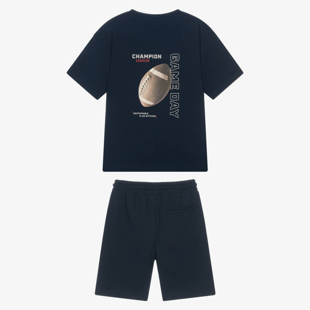Mayoral Nukutavake-Boys Navy Blue American Football Graphic Cotton Shorts Set | Childrensalon