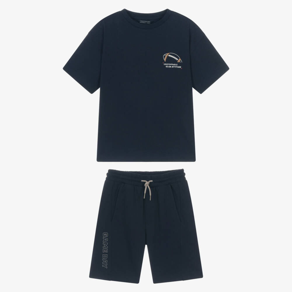 Mayoral Nukutavake-Boys Navy Blue American Football Graphic Cotton Shorts Set | Childrensalon