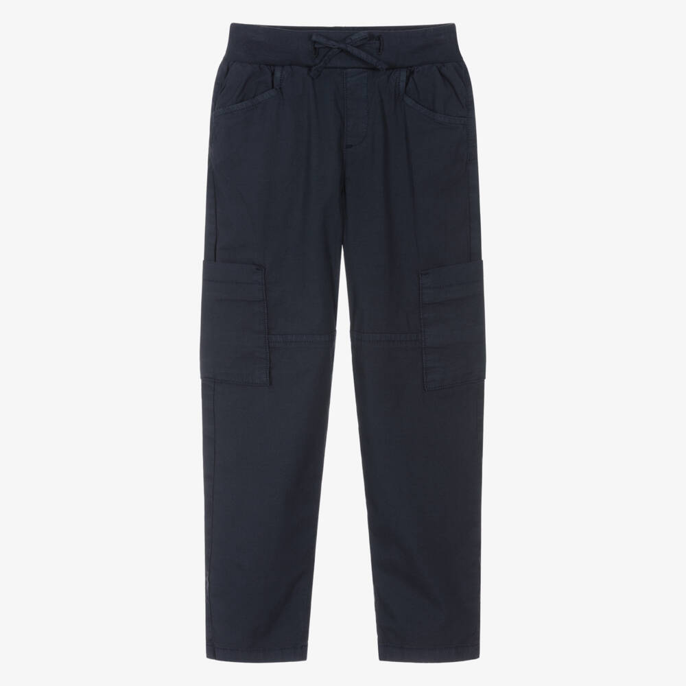 Mayoral-Boys Navy Blue Cotton Drawstring Cargo Trousers | Childrensalon