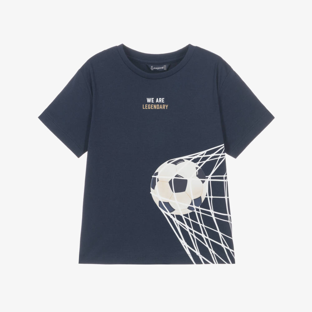 Mayoral-Boys Navy Blue Cotton Football Print T-Shirt | Childrensalon