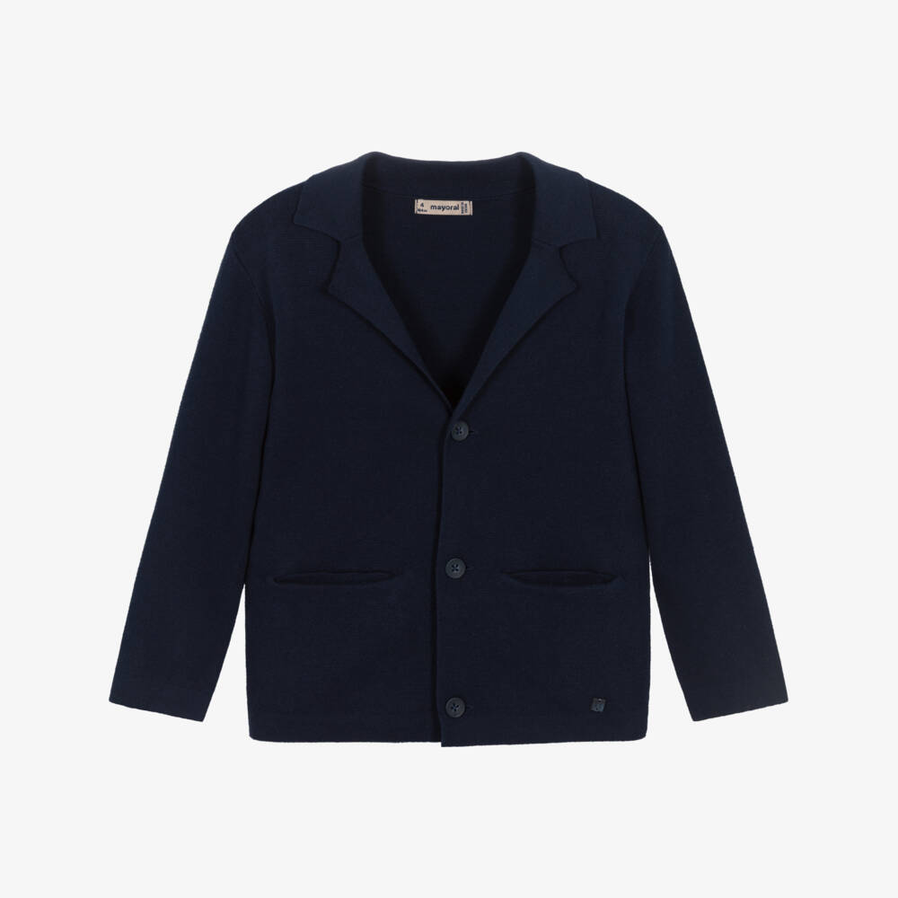 Mayoral-Boys Navy Blue Cotton Knit Cardigan with Notched Lapel | Childrensalon