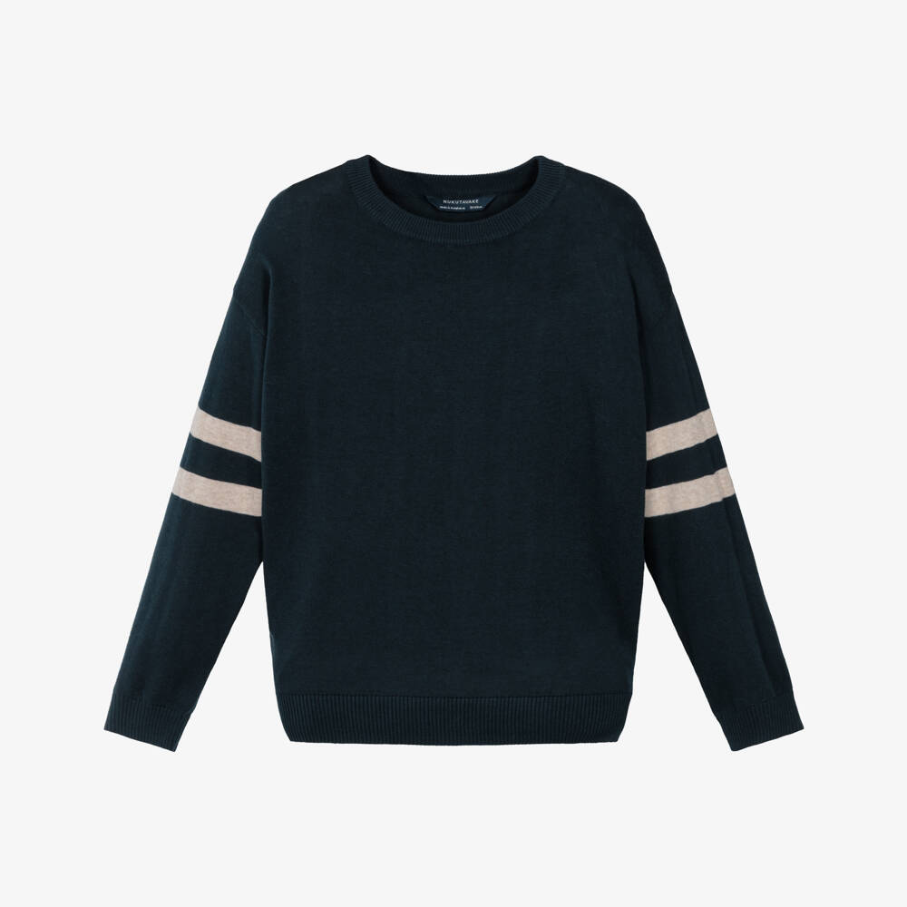 Mayoral Нукутаваке-Свитер синий хлопковый с полосатыми рукавами для мальчиков | Childrensalon