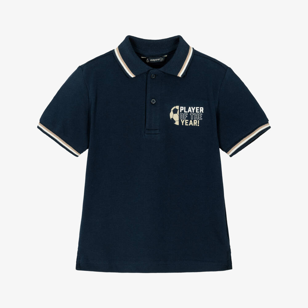 Mayoral-Boys Navy Blue Cotton Piqué Football Polo Shirt | Childrensalon