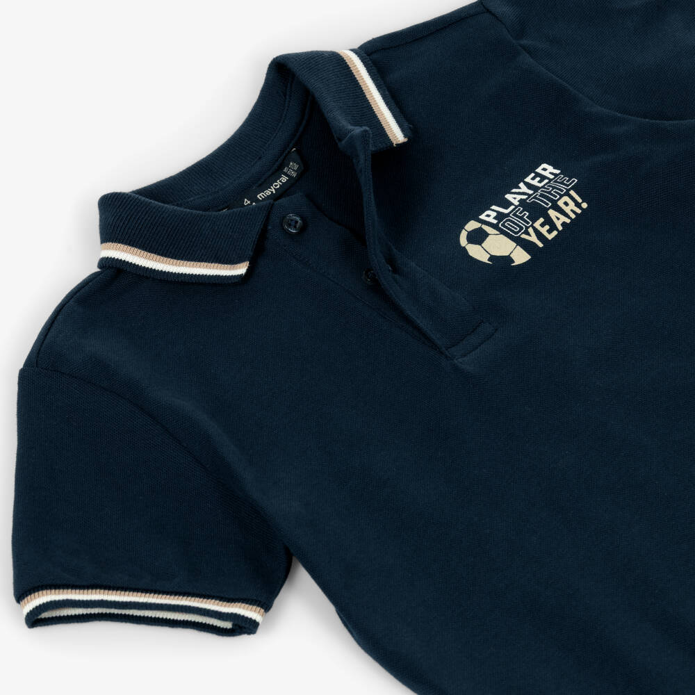 Mayoral-Boys Navy Blue Cotton Piqué Football Polo Shirt | Childrensalon