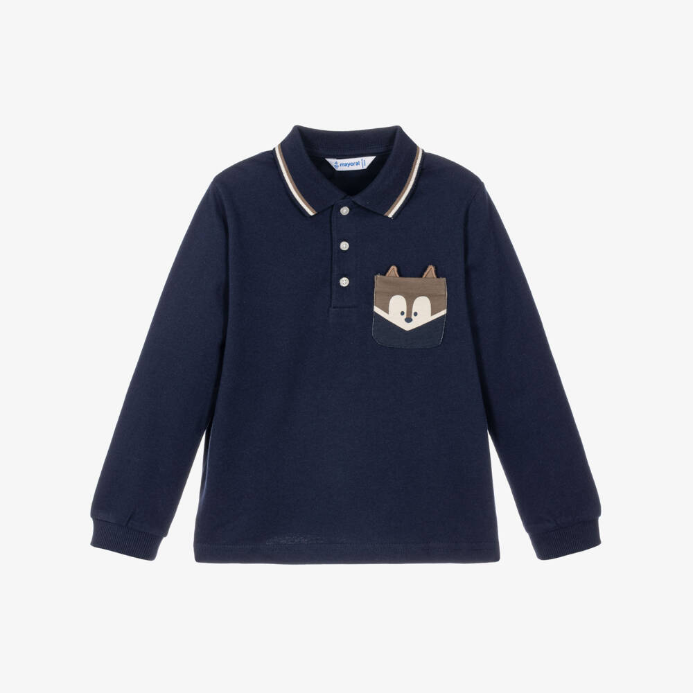 Mayoral-Boys Navy Blue Cotton Polo Shirt with Fox Pocket  | Childrensalon