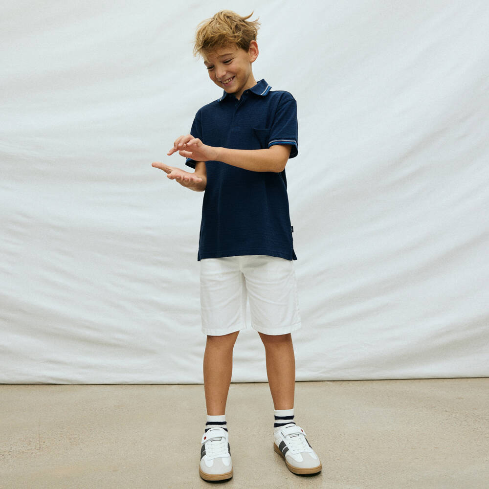 Mayoral Нукутаваке-Рубашка поло синяя из хлопка с тонкими полосками для мальчиков | Childrensalon