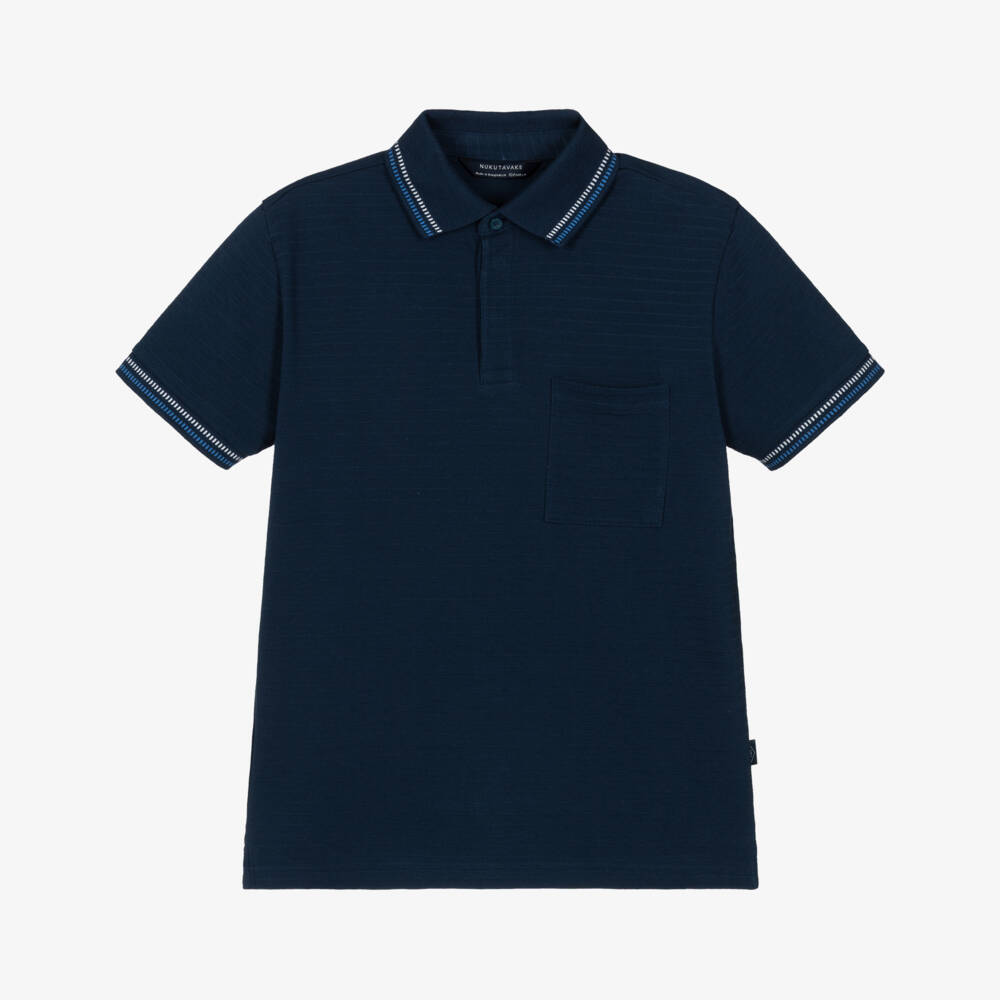 Mayoral Nukutavake-Boys Navy Blue Cotton Polo Shirt with Tonal Stripe | Childrensalon