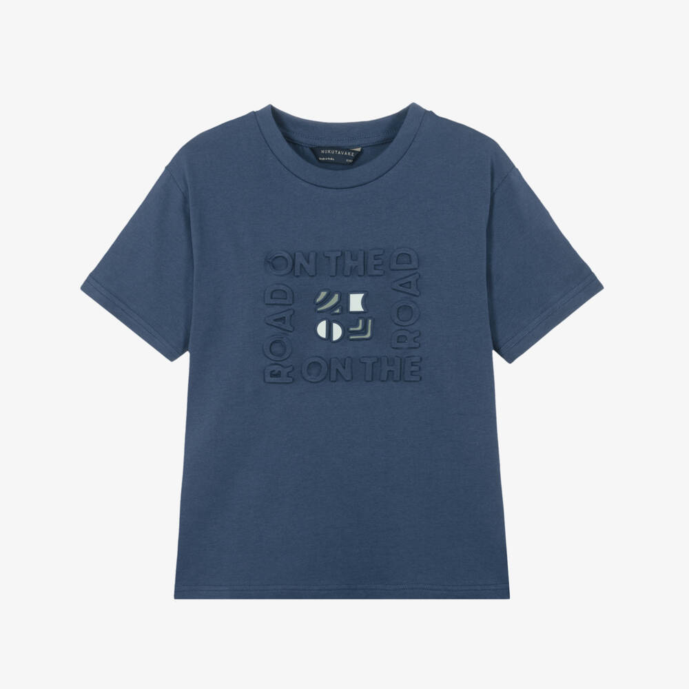 Mayoral Nukutavake-Boys Navy Blue Cotton T-Shirt with Puffed Slogan | Childrensalon