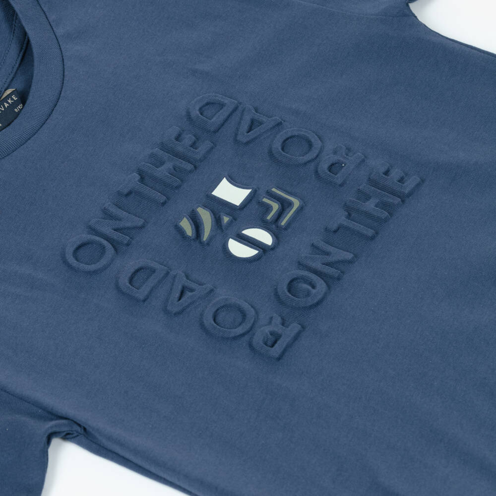 Mayoral Nukutavake-Boys Navy Blue Cotton T-Shirt with Puffed Slogan | Childrensalon