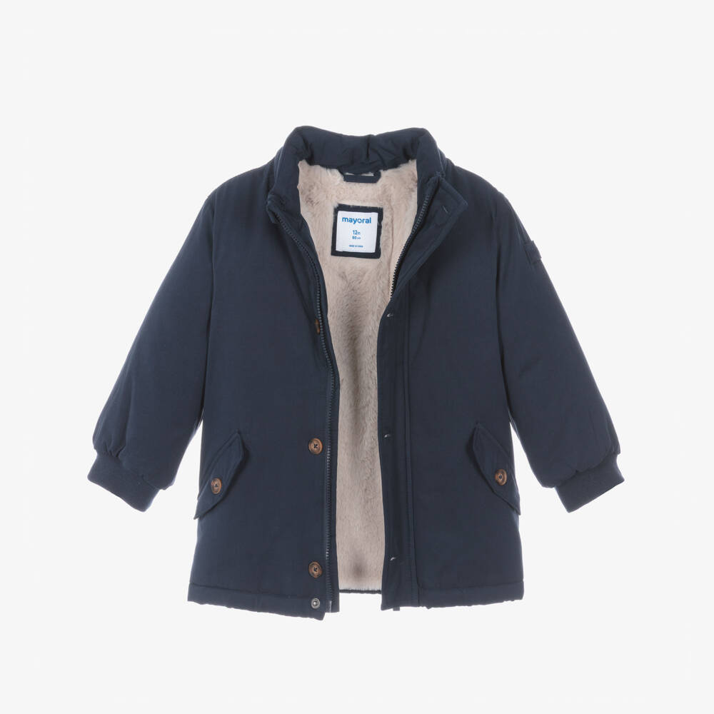 Mayoral-Boys Navy Blue Faux Fur Lined Parka Coat | Childrensalon