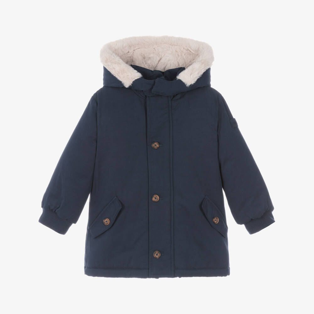 Mayoral-Boys Navy Blue Faux Fur Lined Parka Coat | Childrensalon